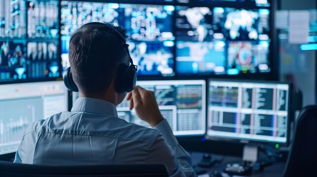 Security Operations Center Specialist Monitoring Multiple Screens with High-Tech Surveillance Systems, Analyzing Data Feeds, Ensuring Network Safety in a Cybersecurity Command Center Environment.