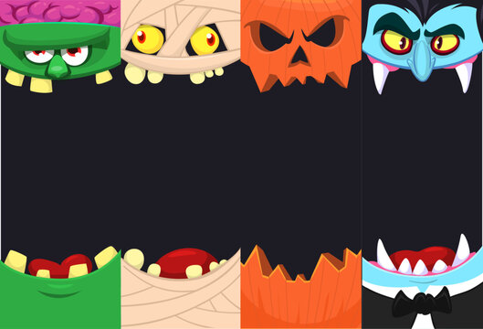 Halloween funny faces set of four characters. Cartoon heads of grim reaper, pumpkin Jack o lntern zombie, vampire and mummy. Vector illustration isolated. Party decoration or package design.