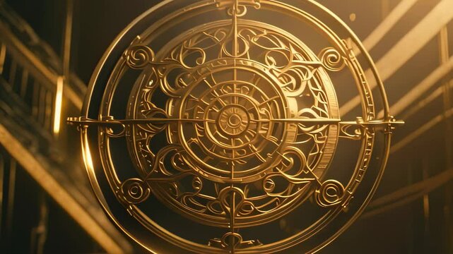 Video animation of  intricate circular design that resembles an astrolabe or a complex mechanical gear system