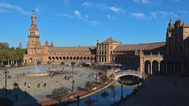 Plaza de Espana in city of Seville in Andalusia, Spain, city square in Maria Luisa Park, built for the Ibero-American Exposition of 1929.