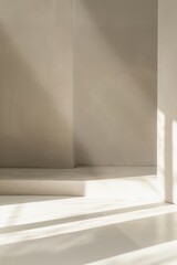 A minimalist empty stage with a white floor and backdrop, with gentle lighting creating soft shadows