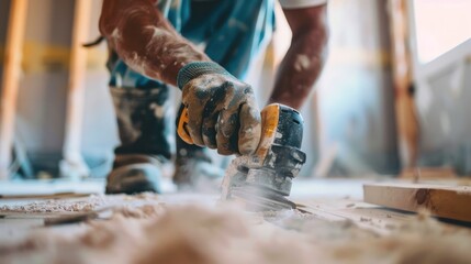 Close-up of a contractor using a power tool during home improvement work.