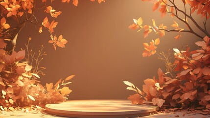 Wooden podium in autumn warm colors for product presentation. Mockup for advertising product with autumn theme