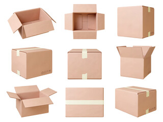 Realistic cardboard boxes. Craft box for parcel or moving things. Side front top view paper packages. Delivery elements, 3d pithy vector collection