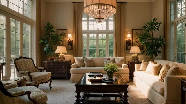 Video animation of  elegant living room interior. Large windows with transoms allow abundant natural light to fill the space