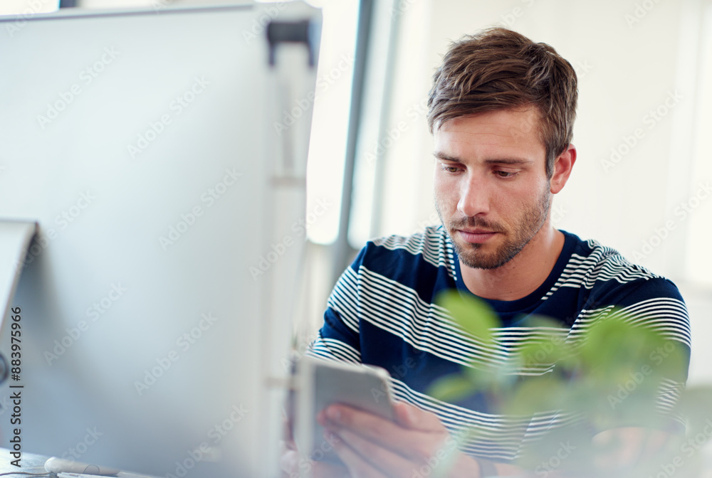 Poster computer, tablet and man in office with creative planning, research or software for web developer. s