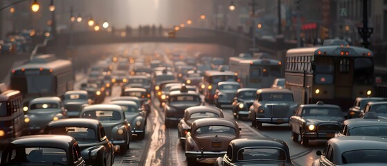 Busy City Congestion with Crowded Traffic Jam on Urban Street During Rush Hour