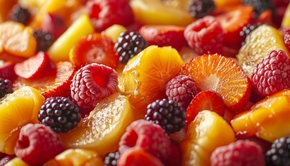 Close-up of a vibrant mixed fruit salad with fresh berries, peaches, and oranges, perfect for a healthy and refreshing snack or dessert.
