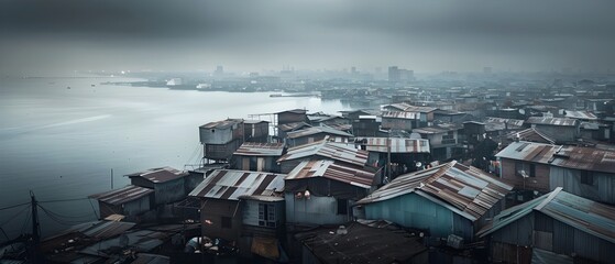 Obraz premium Gloomy Cityscape with Rundown Harbor and Dilapidated Buildings