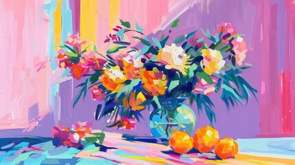 A painting of a vase of flowers and oranges on a table