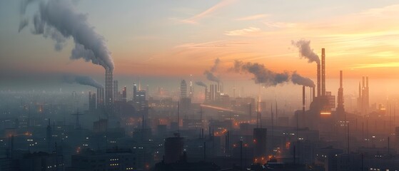 Obraz premium Polluted Urban Cityscape with Smoking Chimneys and Sunset Sky