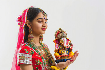 young indian woman holding lord ganesha sclupture in hand