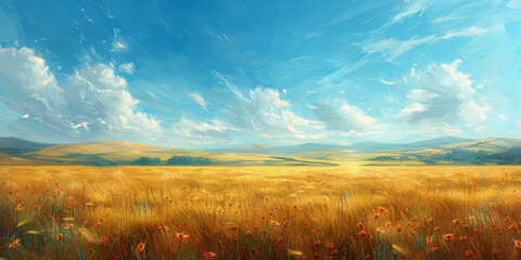 抽象的な野原と青空に舞う雲