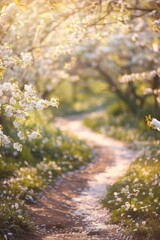 A pathway winding through a flowering garden, with a softly blurred background of blooming trees and sunlight. 