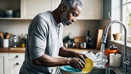 African American man washing dishes in the kitchen at home