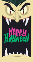 Funny cartoon vampire character design with big open mouth, tongue, fangs. Vampire face mask avatar. Halloween illustration vector isolated. Party or package design