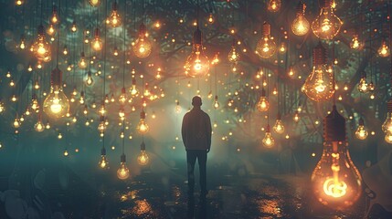 Visionary individual with glowing light bulbs and creative concepts floating around, dynamic atmosphere