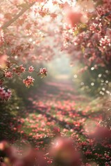 A pathway winding through a flowering garden, with a softly blurred background of blooming trees and sunlight. 