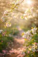 A pathway winding through a flowering garden, with a softly blurred background of blooming trees and sunlight. 