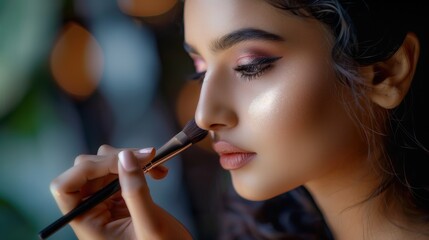 Fototapeta premium Woman professional beauty make up artist holding brush cosmetic beautiful pretty young female smile brunette hair