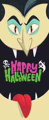 Funny cartoon vampire character design with big open mouth, tongue, fangs. Vampire face mask avatar. Halloween illustration vector isolated. Party or package design