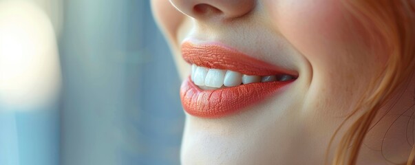 Close-up of a woman's smiling face with vibrant lipstick. Captures the beauty and natural elegance of a cheerful expression.