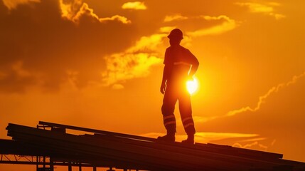 Silhouette of construction worker with safety helmet stands on roof work under hot sun summer weather sunset sunlight shine through