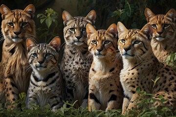 Fototapeta premium Portrait of a diverse cat family gathered together for a photograph, Generative AI