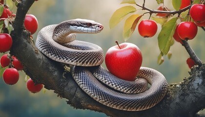 The Forbidden Fruit - The Red Apple of Garden of Eden - The Snake tempting Adam and Eve to Eat the Apple - Symbolizing Good and Evil, Temptation - The Tree of Knowledge 