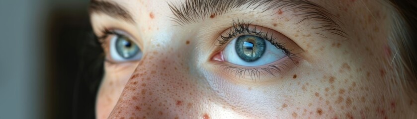 Fototapeta premium Close-up of blue eyes with freckles on face, capturing the detail and color of the irises and skin texture.
