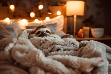 Sloth relaxing in bed with soft blankets and warm lights