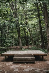 A rustic, empty outdoor stage surrounded by trees, with a wooden platform and a simple backdrop. 