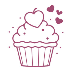 A pink cupcake with a heart-shaped frosting on top, surrounded by smaller pink hearts