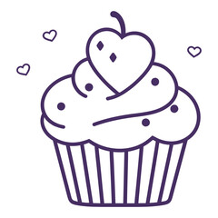 A purple cupcake with a heart-shaped cherry on top, surrounded by smaller hearts