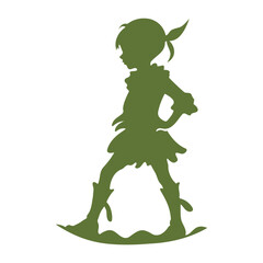 A young green-skinned girl with short hair in a simple dress, standing in a silhouette pose