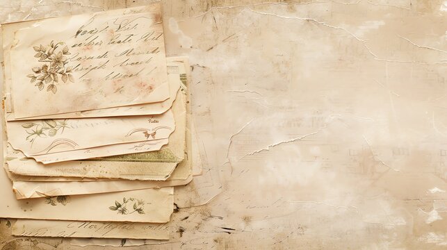 A stack of old, worn, and faded papers with handwritten text and floral designs.