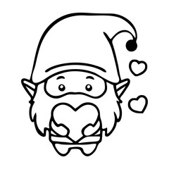 Obraz premium A cute cartoon gnome with a long beard, wearing a pointed hat, and holding a heart shape
