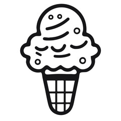 A simple black and white cartoon-style illustration of an ice cream cone with a smiling face