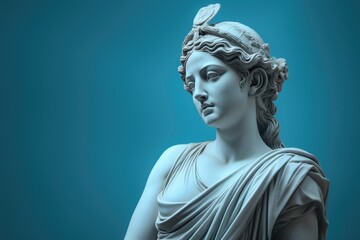 Beautiful sculpture of a female Goddess for modern art. Ancient Greek statue of Woman with long hair on blue background.