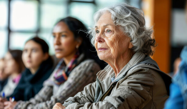 Elderly woman learning in a language class setting, embodying the spirit of lifelong learning and educational curiosity. Immigrants socialization - Powered by Adobe
