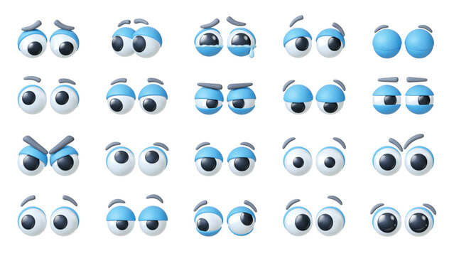 Cartoon 3d eyes. Funny comic eyeballs different emotions. Cry happy surprised angry sad feelings. Unisex eye expressions, pithy vector collection