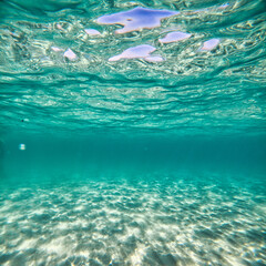 Sandy shallow water and glare on seabed sand. Sunlight passes through surface of turquoise water and glares on sandy bottom in water on bright sunny day