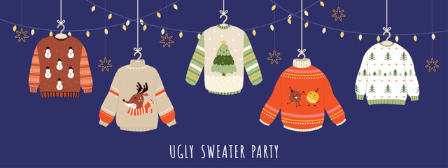 Ugly sweater banner. Cozy winter sweaters with decor and holiday christmas garlands. Child adult xmas party clothes, snugly festive vector background
