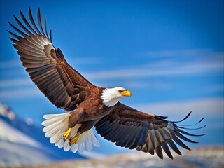 Obraz premium Majestic bald eagle soars through the air, its powerful wings fully extended, revealing the massive span of its snow-white feathers against a clear blue sky.