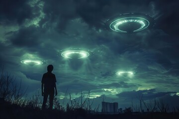 silhouette of man observing alien invasion dramatic sky filled with futuristic ufos eerie lighting creates sense of awe and fear cinematic composition captures pivotal moment of first contact