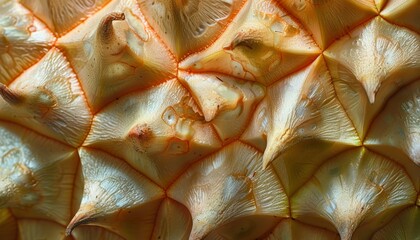 Fototapeta premium Close-up texture of a ripe pineapple's peel, showcasing intricate details and vibrant colors in a macro photograph.