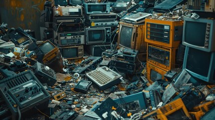 A cluttered pile of old, broken electronic devices, including TVs, radios, and computers, representing electronic waste and recycling challenges.