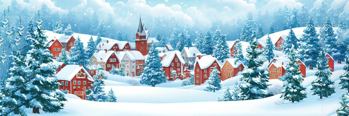 Fototapeta premium Illustration of a beautiful winter panorama. Festive background with winter landscape, city, forest, snow and place for your text.