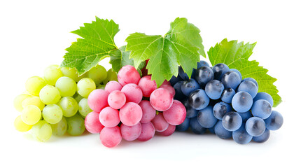 Fototapeta premium green pink and blue grapes with leaves isolated on the white background