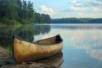 A weathered canoe pulled up on the shore of a lake, with a softly blurred background of calm water and trees. 